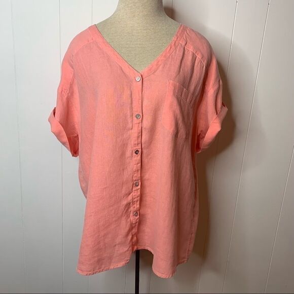 Peach Top J Jill Love Linen Short Sleeve Button Front - Picture 1 of 6